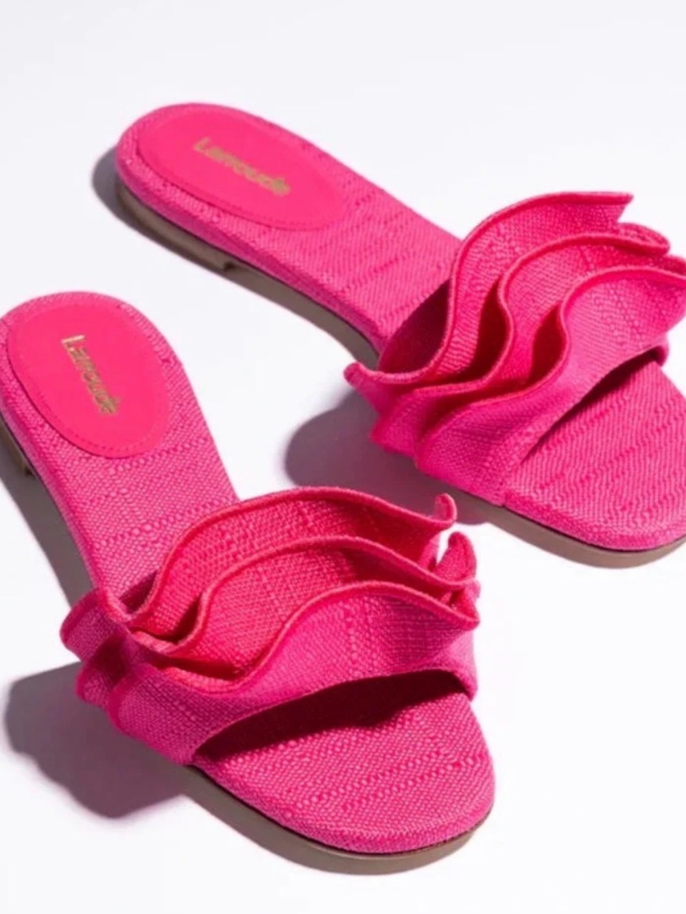 Larroude Hot Pink Ruffle Slide Sandals